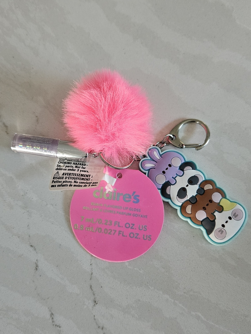 Claire's Pink Fuzzy Pom Keychain with Cute Character Charm and Lip Gloss